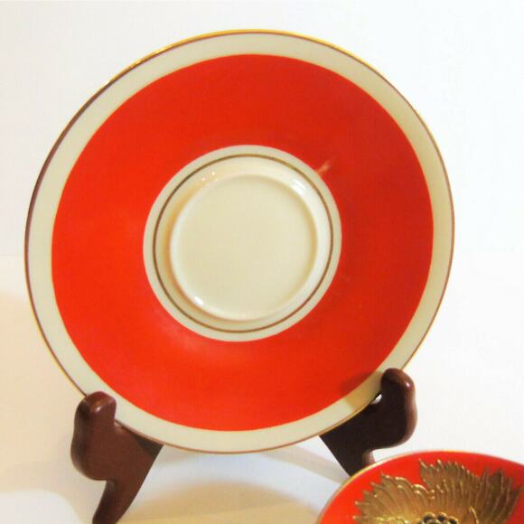 Shau Bach Kunst Wallendorf CUP & SAUCER SET Red Orange Ornate Gold Relief Flower - Picture 3 of 6
